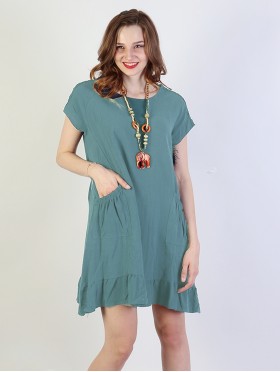 Shift Dress with Flouncy Edge. Cut-out Shoulder and Pockets